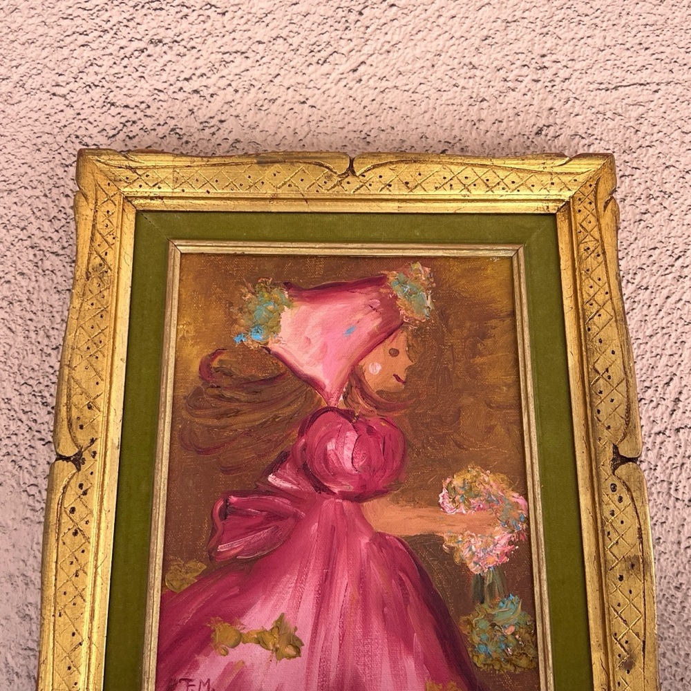 Vintage Italy Signed Oil Painting Gold Gilt Green Velvet Frame Girl W Flowers - Picture 2 of 16